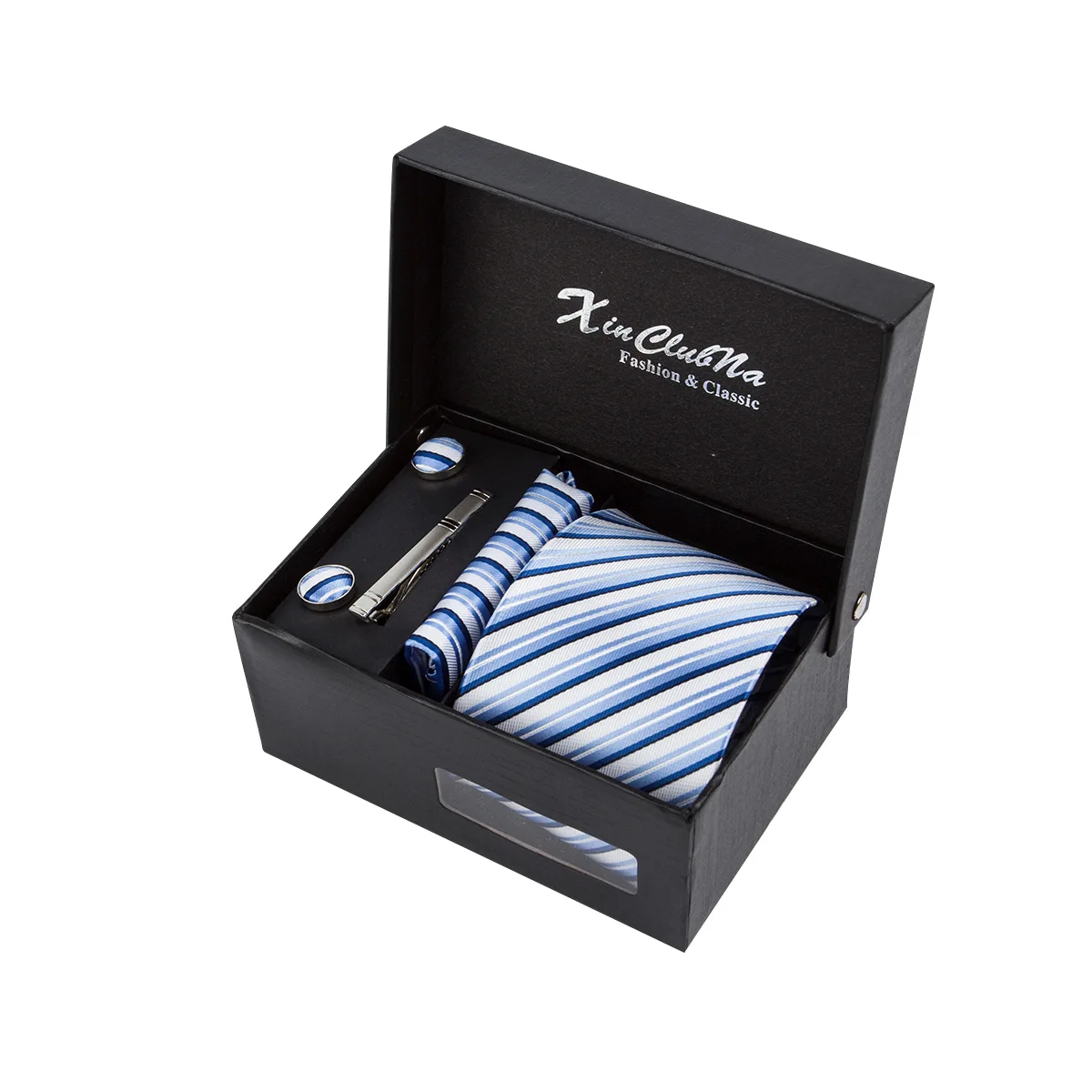 

Женский комплект из галстука и запонок, синий и белый галстук в полоску