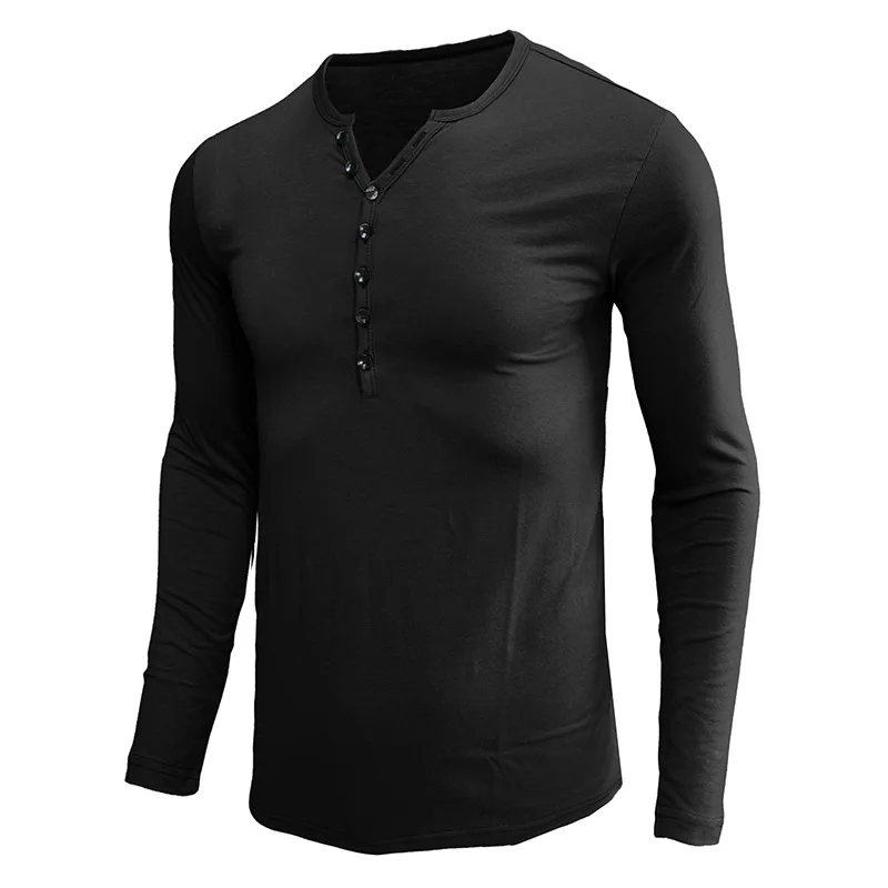 Frühling Herbst Slim Fit Herren Grau Langarm Henley T-Shirts Schwarze Knöpfe Pullover Basisschicht für Freizeitkleidung – Detail 4