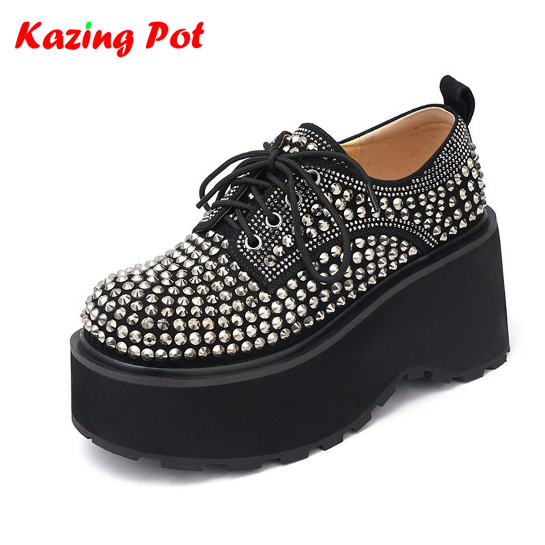 

Krazing Pot Flock Crystal Beading Round Toe Lace Up Punk Design Super High Heel Waterproof Casual Luxury Women Black Color Pumps