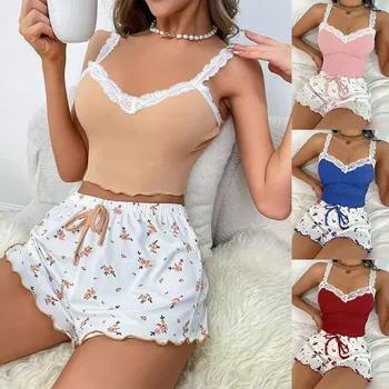 Women's Pajamas With Shorts Set 2pc Summer Ribbed Knitted Flower Print Lace Trimmed Camisole Vest And Bow Shorts Sexy Pajama Set