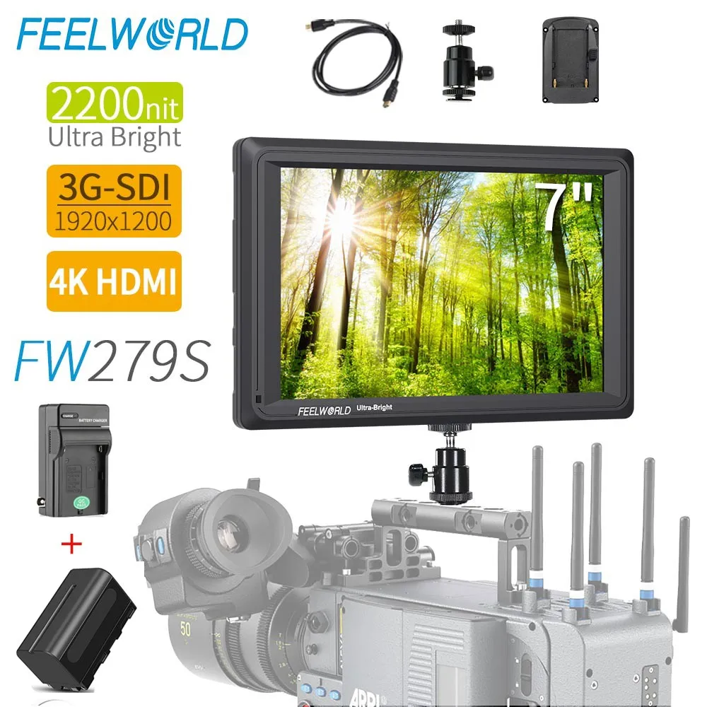 FEELWORLD FW279S 7 Inch 2200nit Daylight Viewable 3G-SDI HDMI on Camera DSLR Field Monitor 4K HDMI 1920X1200 + Battery Charger