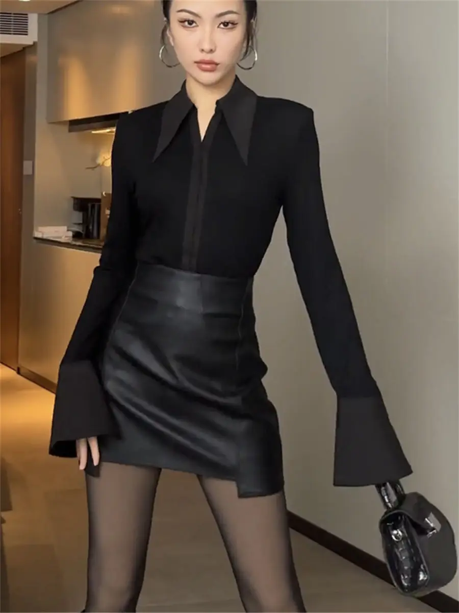 

Футболка женская тонкая с длинным рукавом, пикантный приталенный элегантный топ с воротником-поло, рубашка для девушек, весна-осень, T229