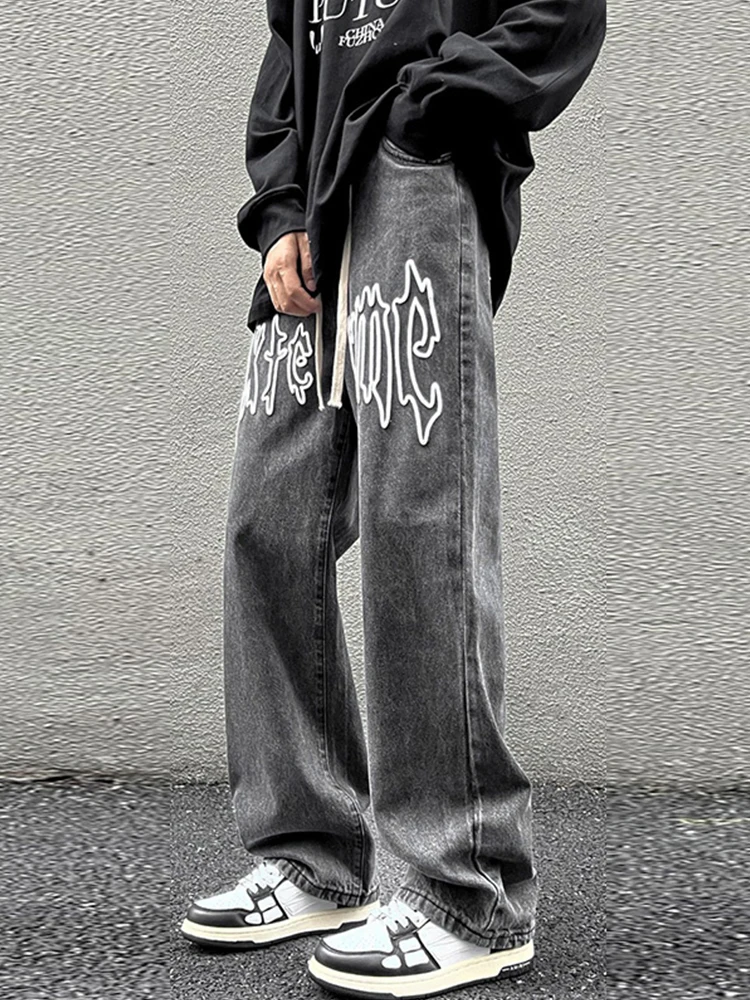 thumbnail image 1 of Pantalones vaqueros casuales con cordón estilo americano para hombre, pantalones vaqueros holgados con estampado de letras Y2K, estilo hip hop, estilo gótico, ropa de calle, pantalones para hombre, 1 of 5