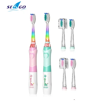 Seago-어린이 음파 전동 칫솔, 3-12 세 어린이 음파 칫솔 타이머 배터리 진동 Led 교체 브러시 헤드