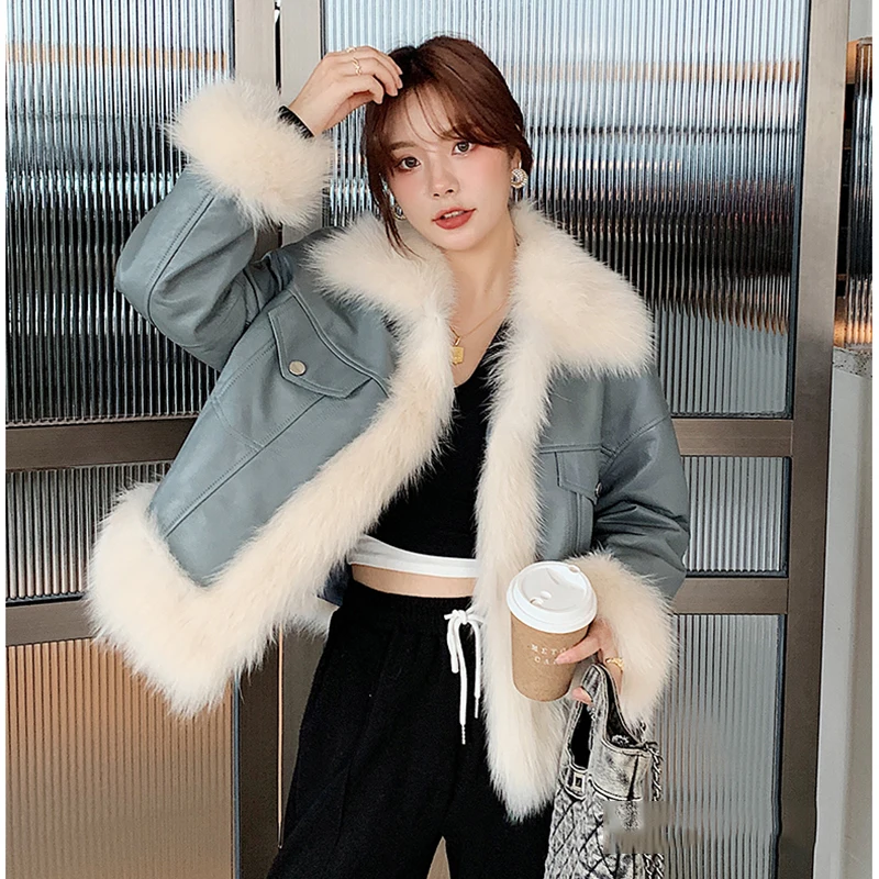 

Real Fur Women's Coat Autumn And Winter Korean Casual Solid Color Genuine Sheepskin Splicing Square Collar Fox Fur Jacket F
