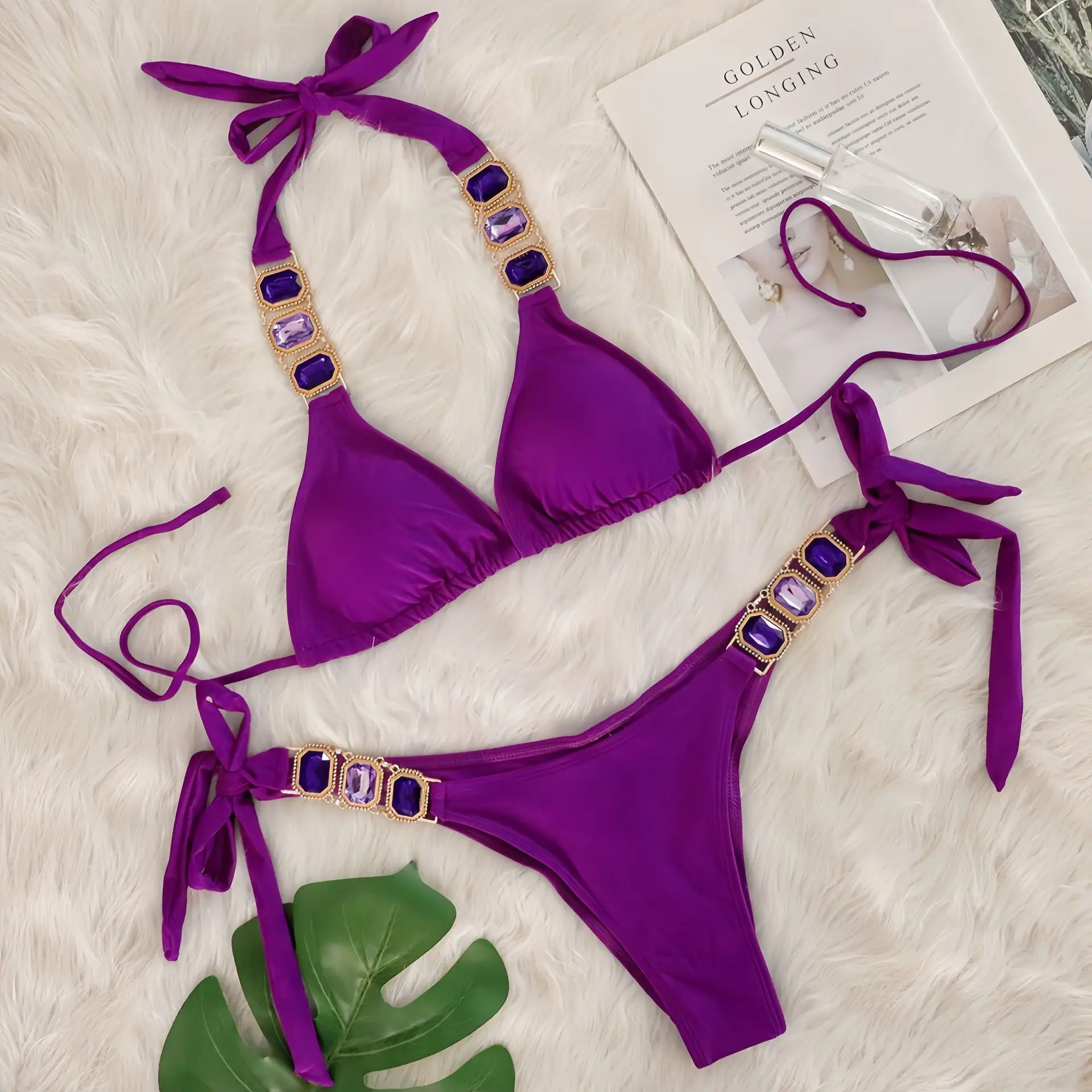 Rhinestone String Bikini - Womens Sexy 2 Piece Swimsuit for Beach Vacation