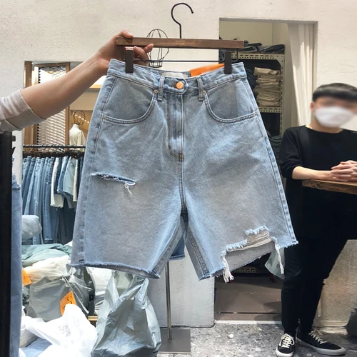 M-4XL 홀 여성 짧은 데님 팬츠, 하이웨이스트 와이드 레그 팬츠, 지퍼 플라이 캐주얼 여성 청바지 반바지, 2022 여름 신상 2