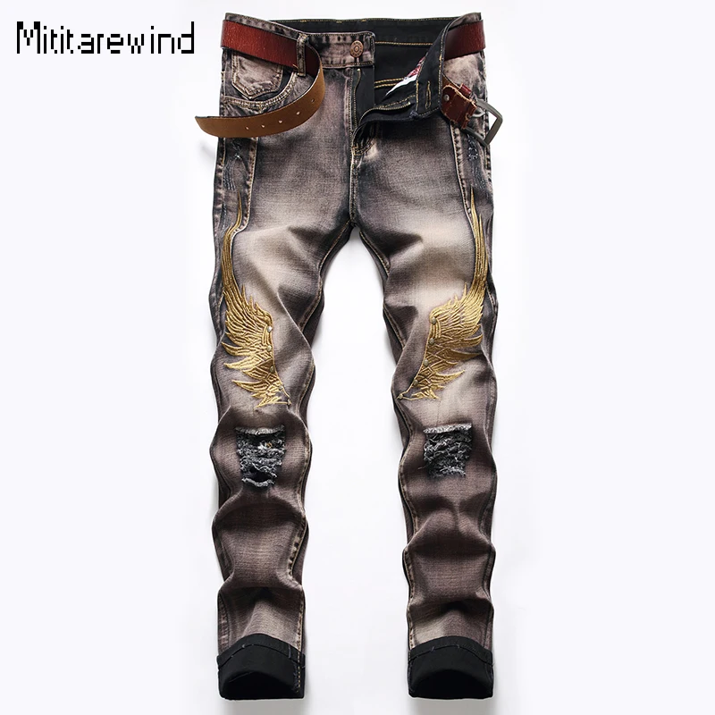 

Fashion Men Jeans American Hip Hop Straight Jeans Cotton Personality Wings Embroidery Ripped Jeans Y2k Streetwear Causal Pants