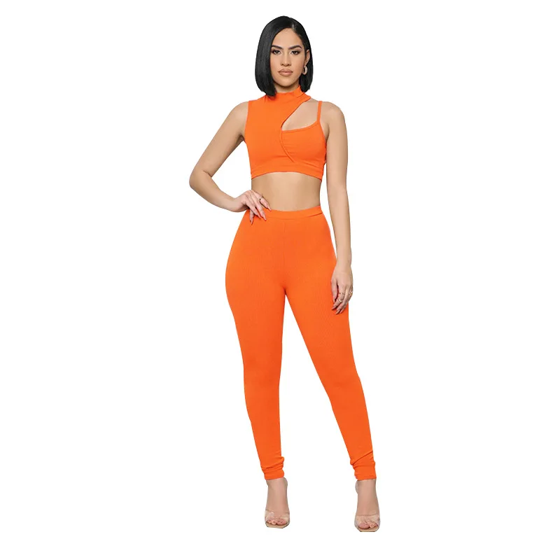 Summer Early Autumn New Women's Solid Color Single Shoulder Hollow Sleeveless Sexy Crop Pants Fashion Casual Two-piece Suit
