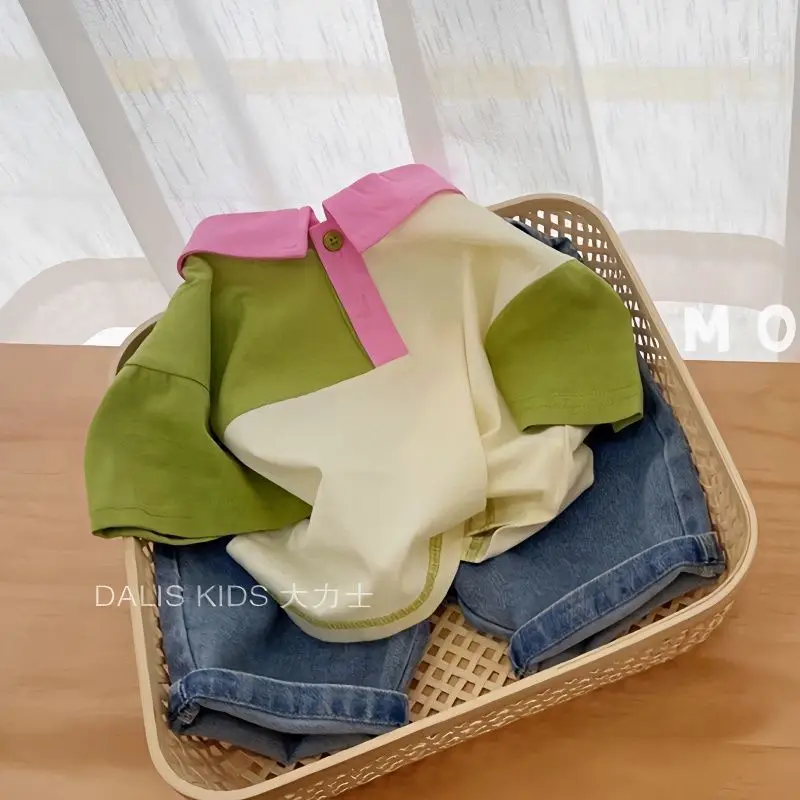 

Children T-shirts 2024 Summer New Korean Patchwork Color Breathable Turn-down Collar Short Sleeved Top for Boys and Girls