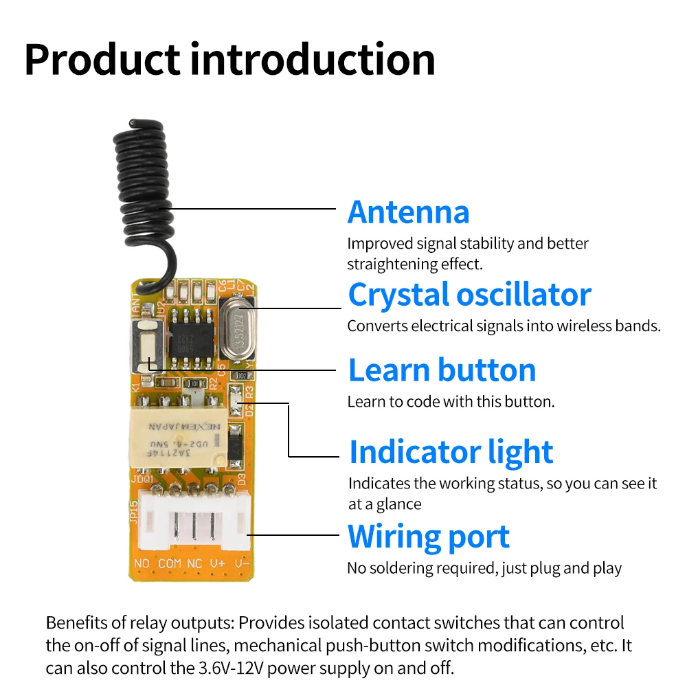 LED 램프용 미니 릴레이 무선 리모컨 스위치, 박스 및 흰색 송신기 포함 마이크로 리시버, DC 3.5V, 5V, 9V, 12V, 433Mhz