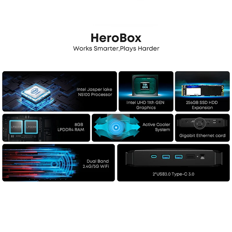 CHUWI herobox Mali PC Intel 12th N100 Dutyi Csutka 8GB LPDDR5 256G SSD Windows 11 wifi 6 Bluetooth 5.2 wtih Merevlemez Szelelőakna VGA 3.5mm Szelelőakna