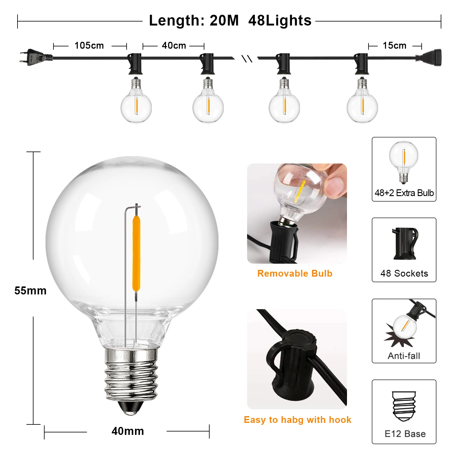 G40 سلسلة أضواء إكليل خارجية ، مقاومة للكسر ، مقاو...