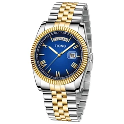 Premium Stainless Steel Luxury Quartz Waterproof Date Wristwatch (Silver gold bule)