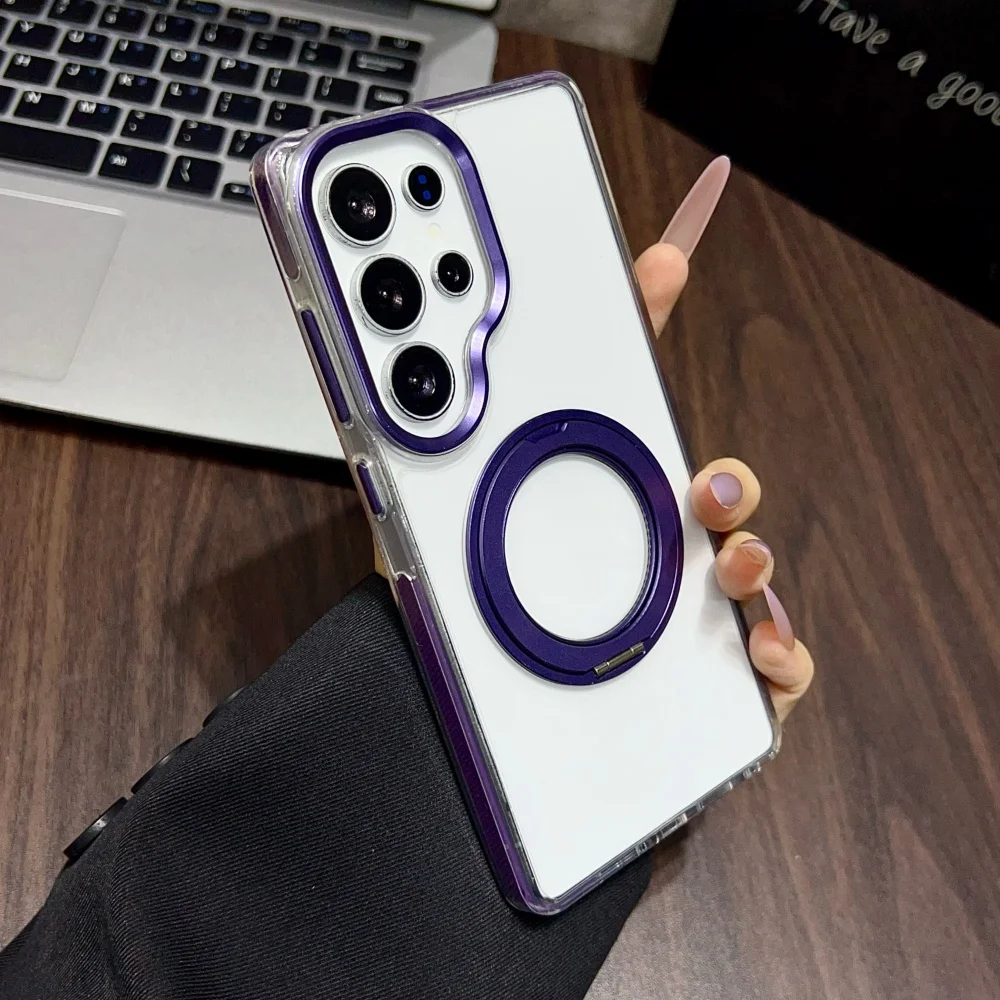 Magnetic 360 Rotating Transparent Shockproof Phone Case with Colorful Bumper Cover