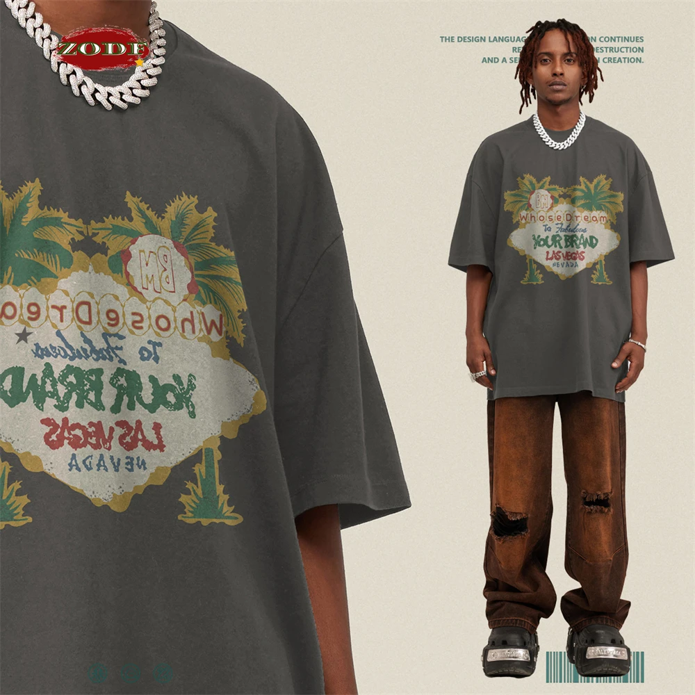 ZODF New Men High Street Washed T-Shirts Unisex Loose Tree