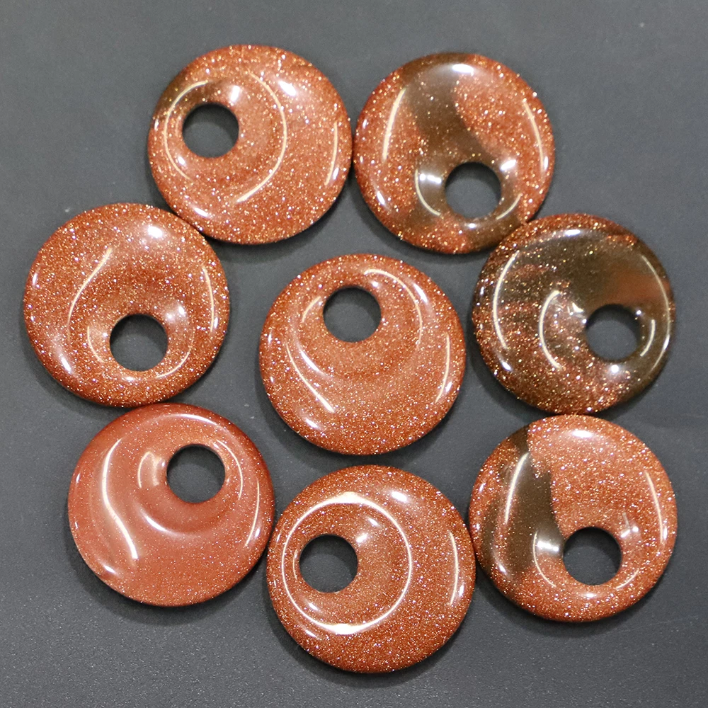 30MM Natural Stone Safety Button Pendant Partial Hole Quartz Crystal Epidote Opal Turquoises Charms Necklace Jewelry Making 6Pcs