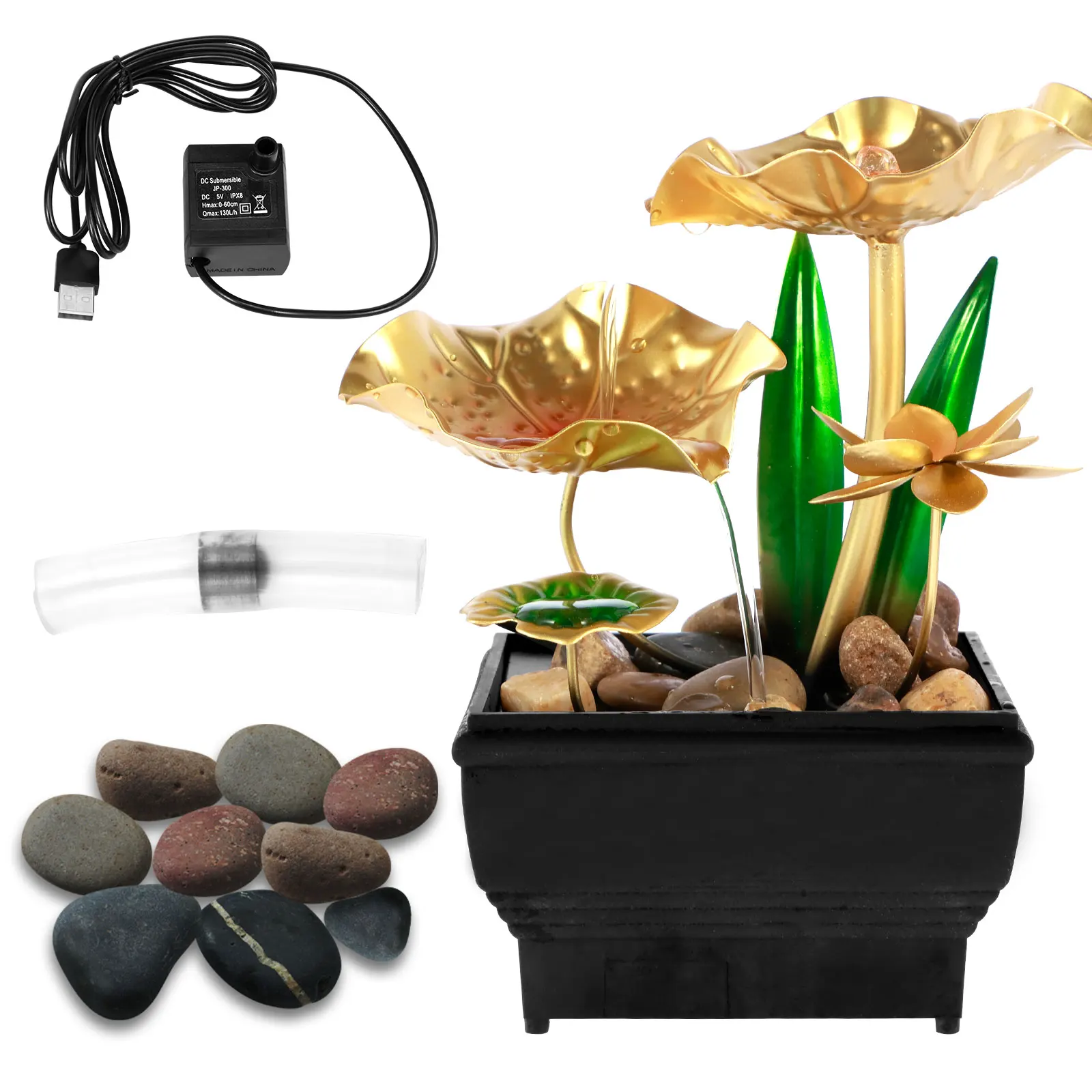 Tabletop מזרקה usb מופעל מפל לוטוס קטן עם סלעים הרפיה יצירתי מזרקות שולחן עבודה מפל קישוט מיני