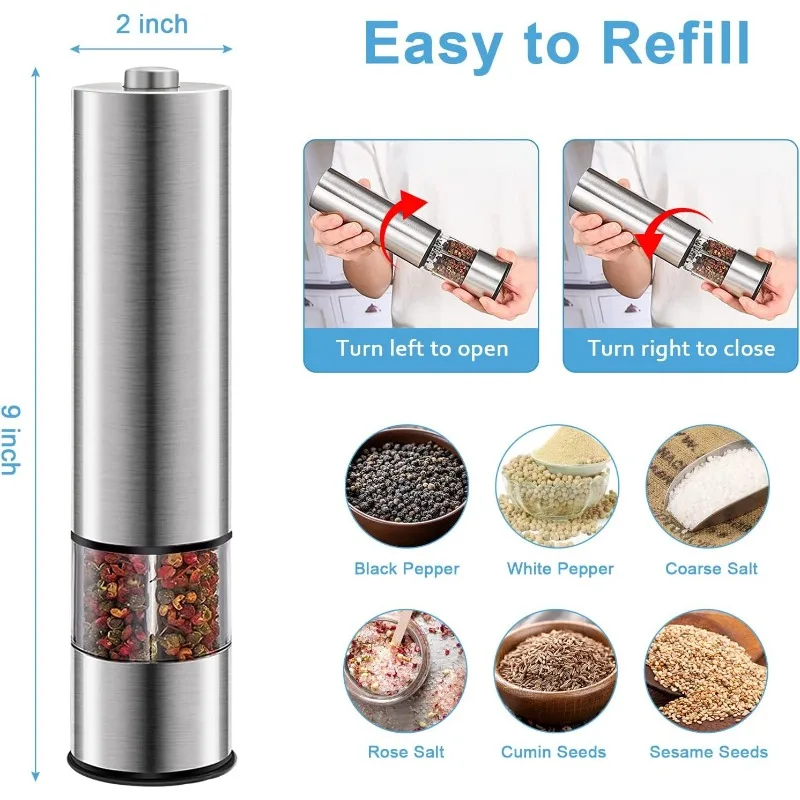 2pcs Electric Salt and Pepper Grinder Set, Automatic One Handed, Stainless Steel Grinders with Lights and Adjustable Coarseness 5