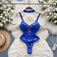 Foamlina Women's PU Leather Patchwork Mesh Bodysuit Sexy Hollow Out Slim Fit Lace Up Bandage Club Party Body Suit Woman Clothes - Image 3