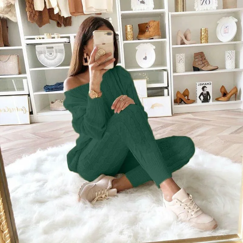 Oversize Dropped Shoulder Knit Pants Set Women's Long Sleeve Knitted Long Sleeve Top Thick Sweaters Casual Two-piece Sweater