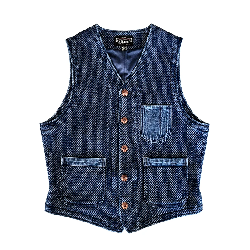 

Men's Suit Vest Indigo Blue Slim Fit Sashiko Safari Japan Style Vintage Waistcoat Sleeveless Jacket for Male