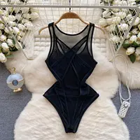 Foamlina Sexy Red Mesh Vest Jumpsuit Women's Sleeveless Cross Chest Slim Fit See Through Mesh Top Unique Bottom Top New Arrival - Image 4