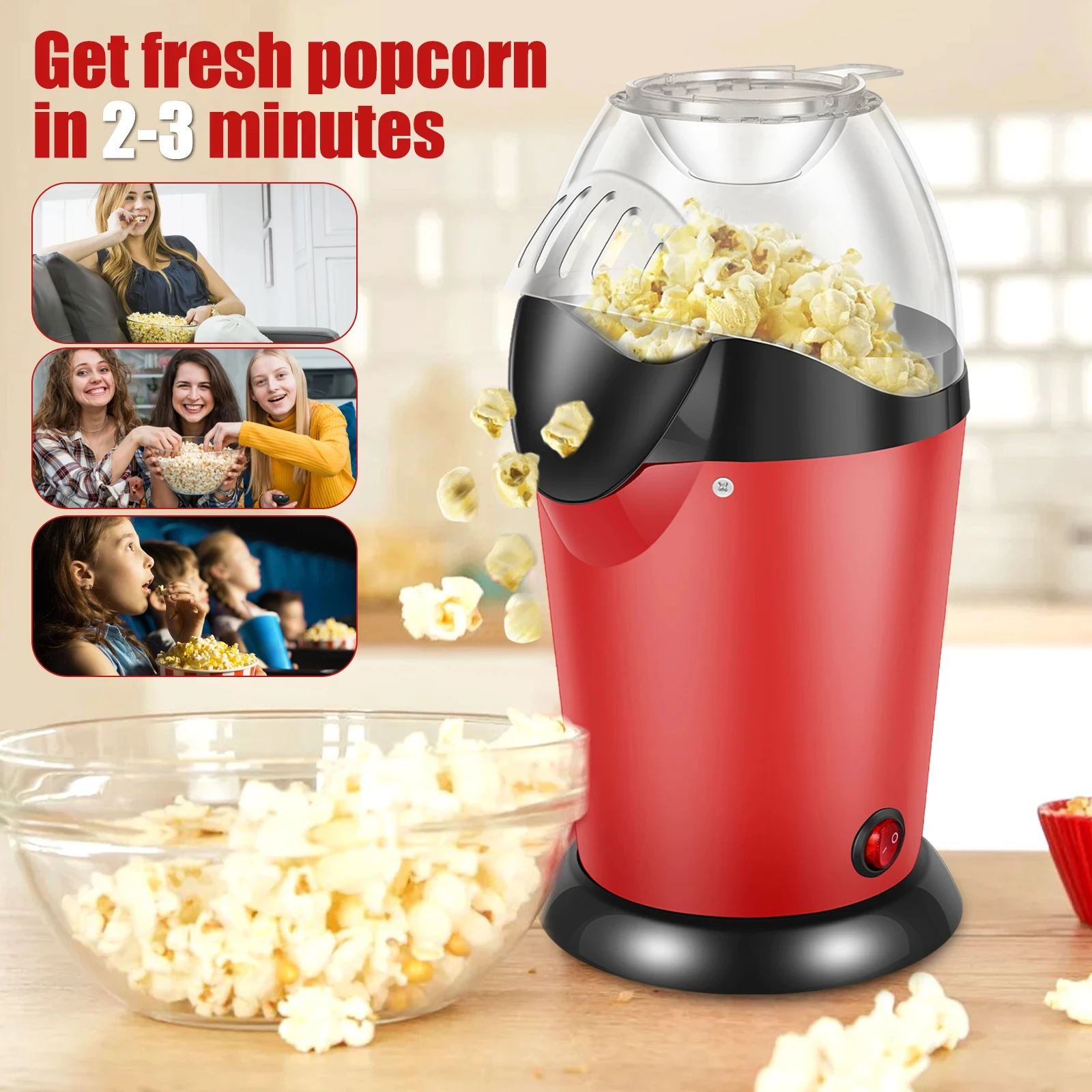 1200W Electric Popcorn Maker Mini Popcorn Machine Healthy Hot Air Oil-Free Corn Popcorn Snack Maker for Home Cinema Kitchen Tool customized snack equipment new 4 piece coin commercial waffle maker mini round waffle