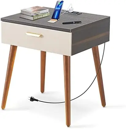 

End Table with USB Charging Port, Bedside Table with Drawer Storage Design for Living Room Sofa, Light Walnut and White Mini bed