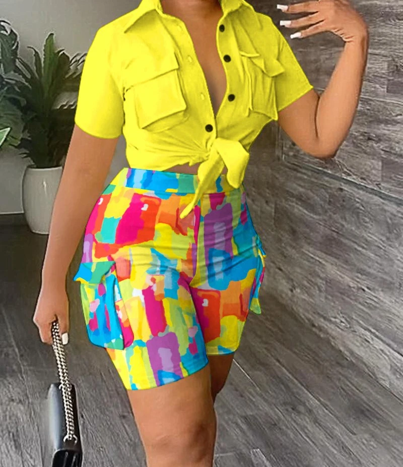 Sets for Women 2 Pieces Summer Fashion Casual Pocket Design Buttoned Crop V-neck Top & High Waist Shorts Suit Print Outfits 2023