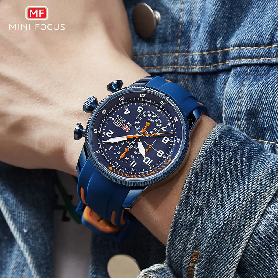 Orologio Uomo Cronografo Quarzo 47mm - Quadrante Nero, Cinturino In Silicone Blu, Luminescente E Calendario
