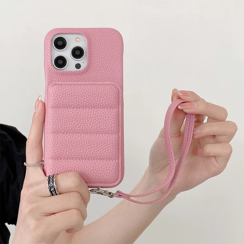 Luxury Litchi Patterned Shockproof PU Leather Wrist Strap Wallet Phone Case