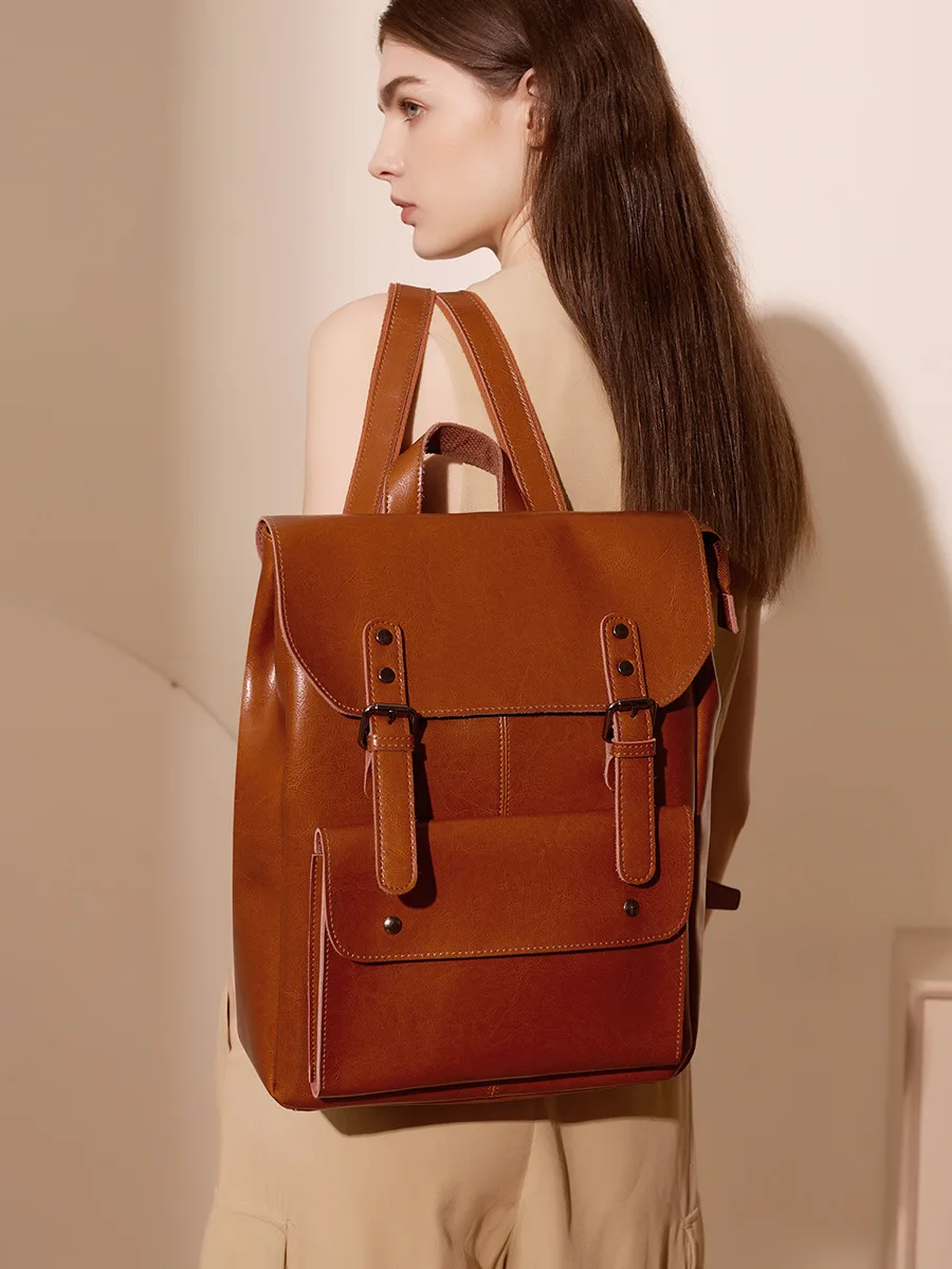 Genuine leather Backpack Women's wear-resistant cowhine computer Knapsack College style 14 
