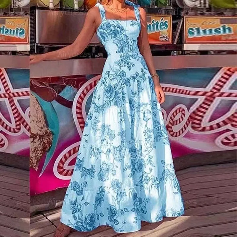 

Women Casual Fashion Bohemian Ruffle Maxi Dress Elegant Strap High Waist Corset Vacation Party Floor Length Dress Streetwear
