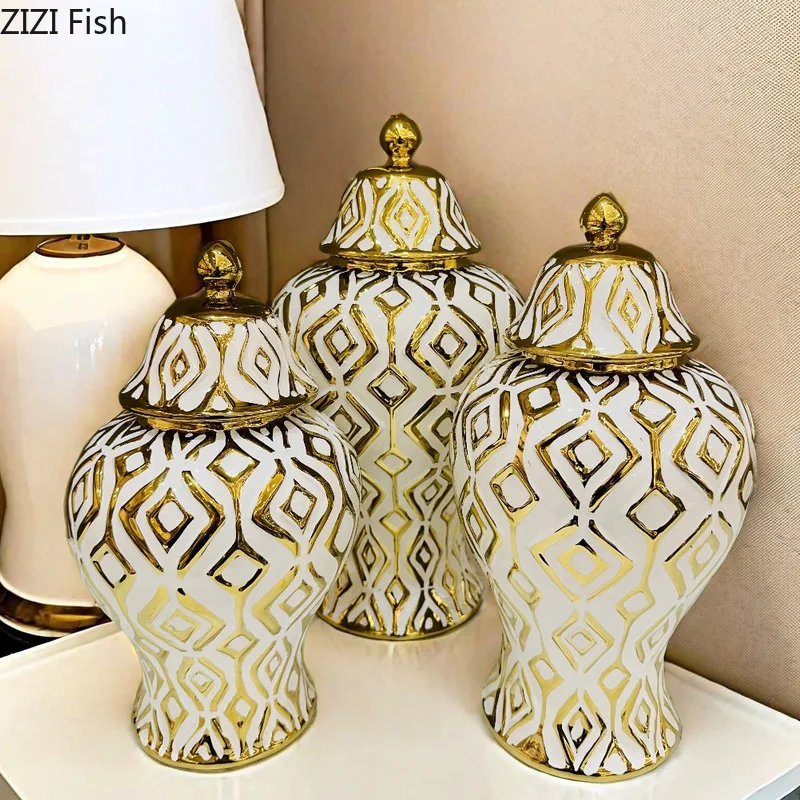 Golden Geometric Stripes General Tank Porcelain Ginger Jar Gold-plated Flowers Vase Dresser Table Jewelry Cosmetic Container 4