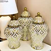 Golden Geometric Stripes General Tank Porcelain Ginger Jar Gold-plated Flowers Vase Dresser Table Jewelry Cosmetic Container 4