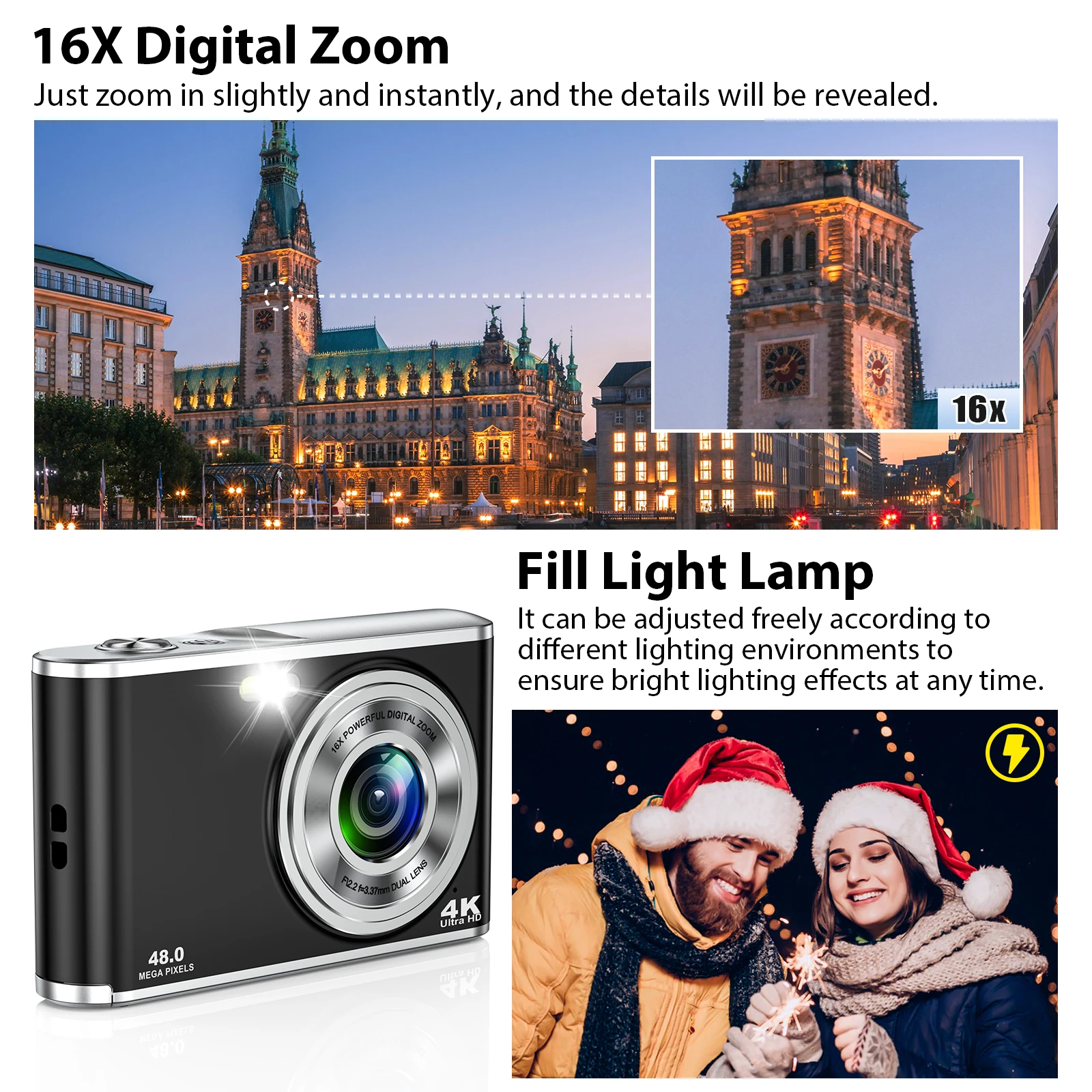 Appareil Photo Numérique 4K 50MP Pour Enfants - Zoom 16x, écran LED 2,8", Anti-tremblement - Inclut Carte 32 Go - 8