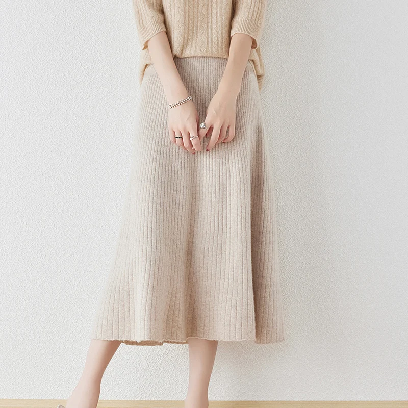 Autumn New 100% Pure Wool Skirt Female Solid Color Loose Joker A-Line Skirt Knitted Cashmere Bag Hip Skirt Female