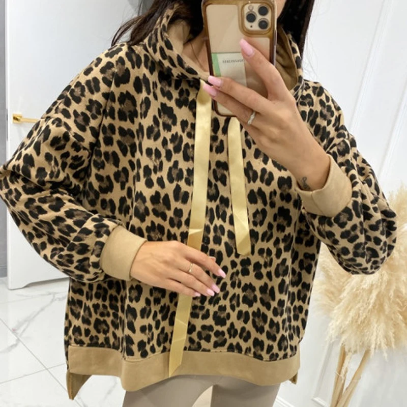 

Autumn Leopard Print Drawstring Women Hoodies Vintage Casual Loose Hooded Sweatshirt Winter Long Sleeve Irregular Top Pullover