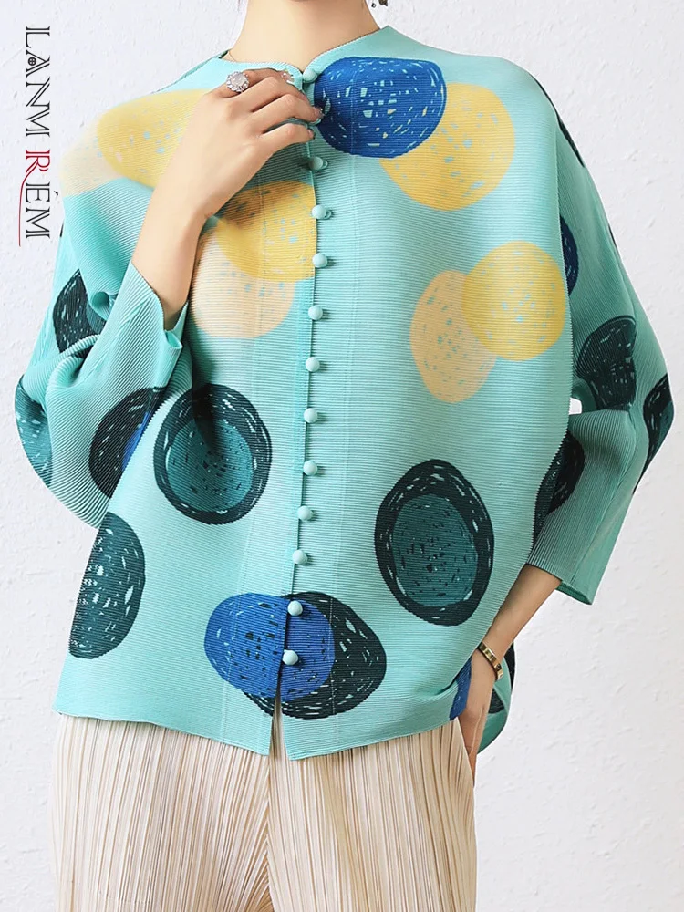 

LANMREM Printing Single Breasted Pleated Shirts For Women 2023 Summer Thin Loose Chic Shirt Ladies Elegant Top Clothes 2R2462