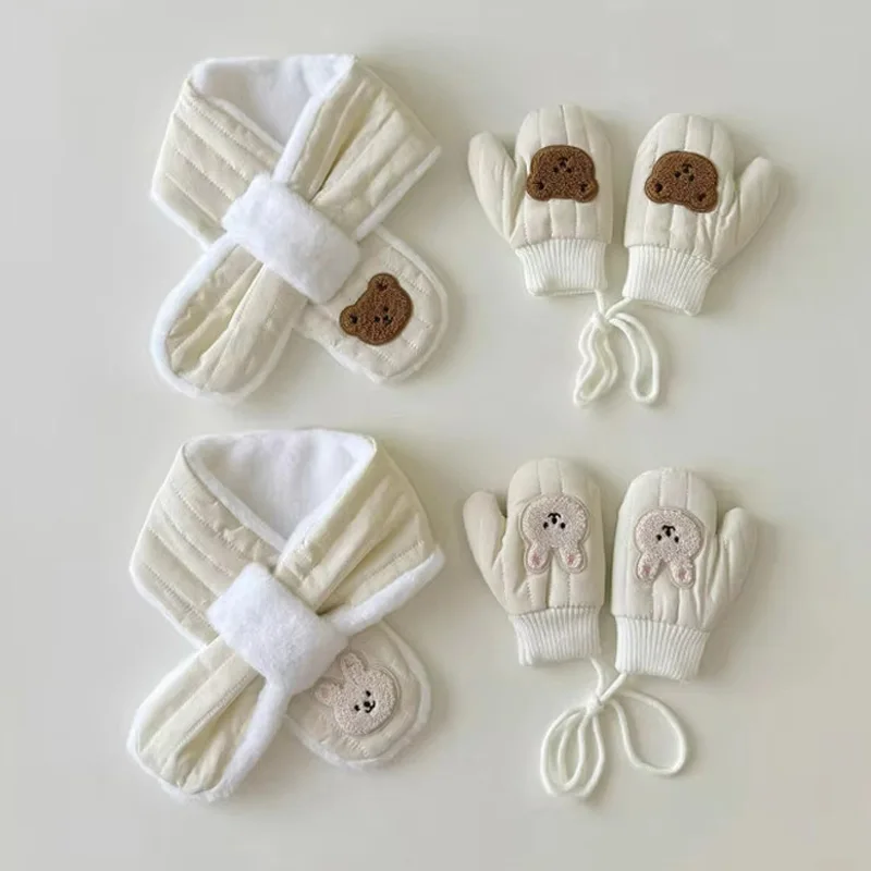 Winter Kids Scarf Gloves Set Cartoon Bear Bunny Baby Girls Scarves Fleece Lining Mittens Boys Neck Warmer Accessories 2-5Y 1