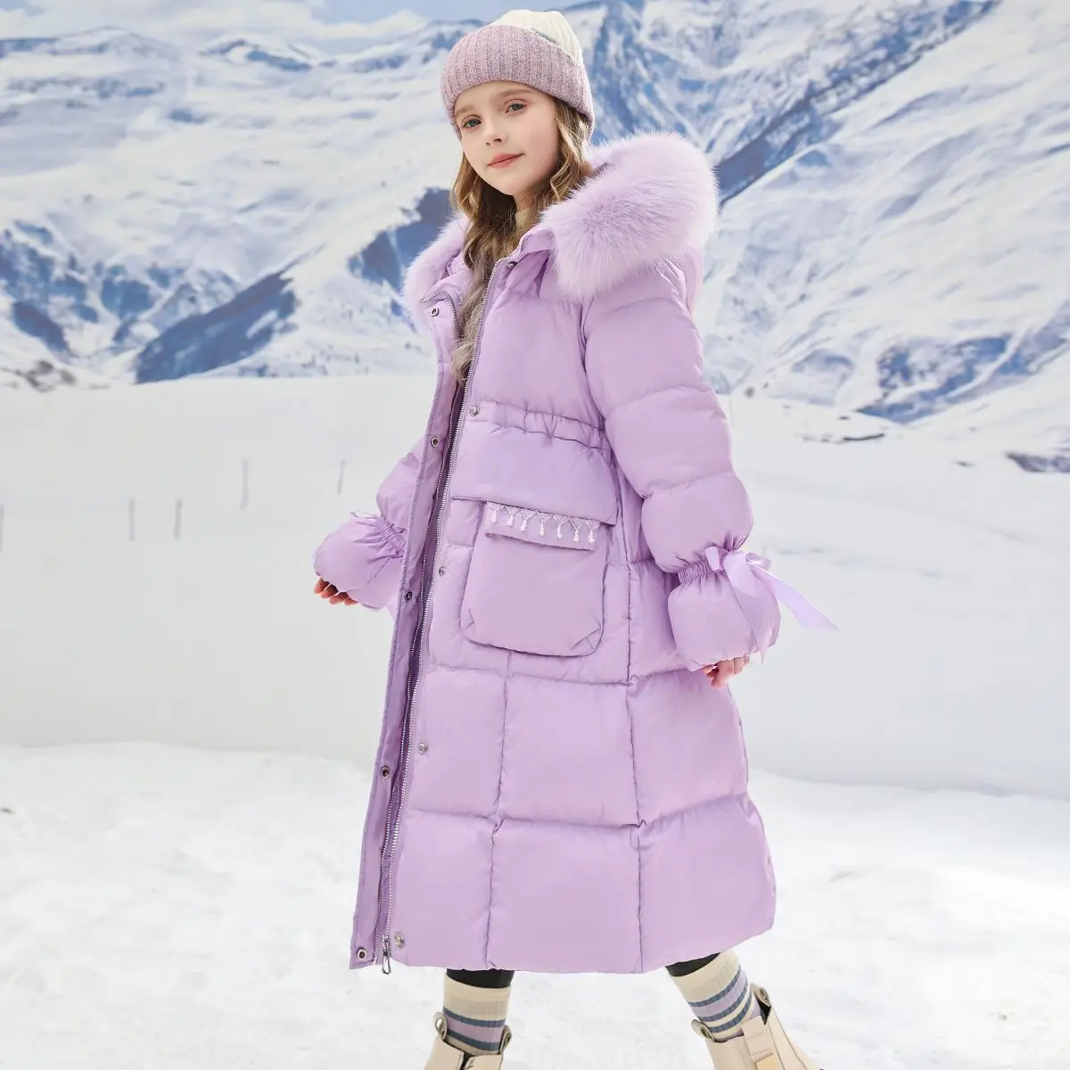 Girl Long Fur Collar Padded Jacket WinteChildren Girls Children Coat