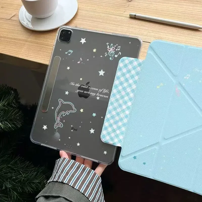 Fresh Blue Summer Cartoon Dolphin Colorful Lines Tablet Case with Buckle Edge Cover
