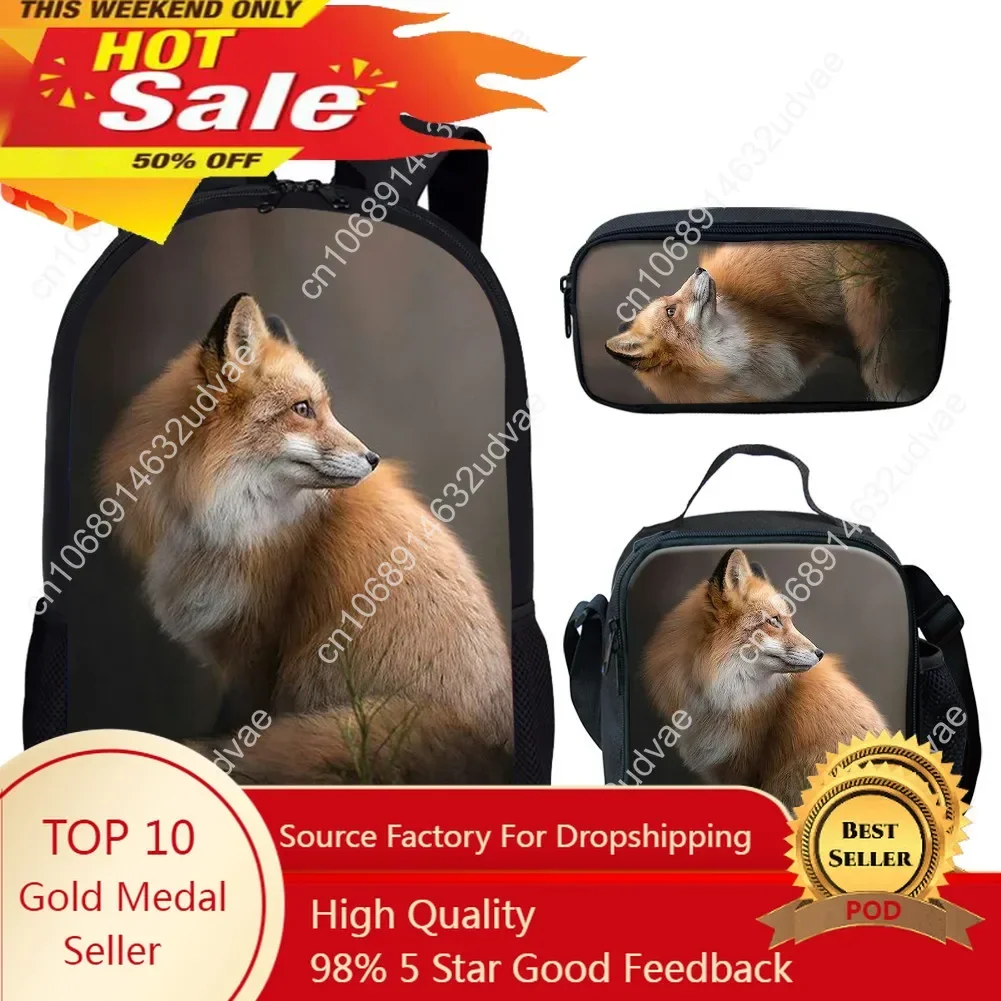 Children Fox Printing Backpack 3cs/set School Bags For Kids With Lunch Box Animals Lunch Student Satchel Pencil Case