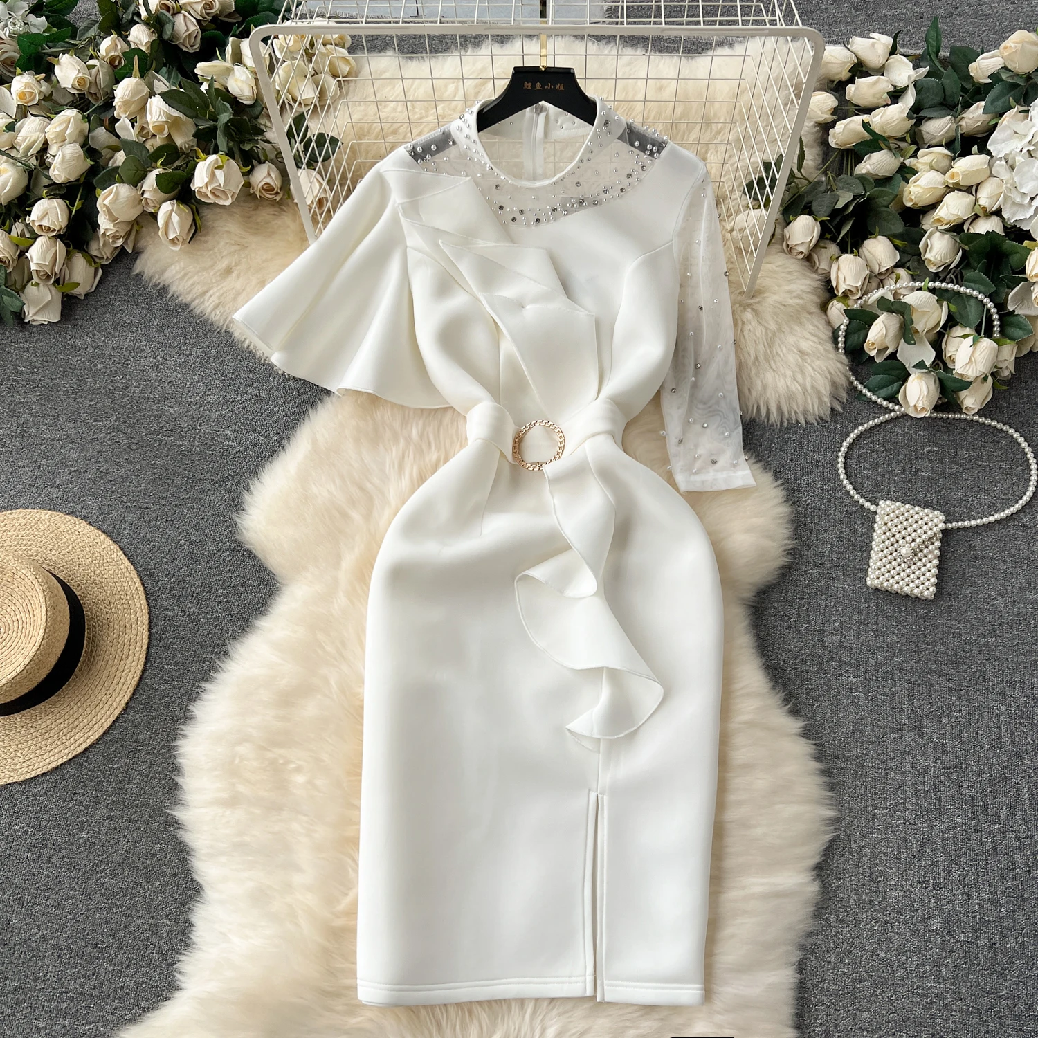 

MSHARBOR Delicate Beaded Diamond Neckline Mini Pencil Dress Ruffled Lace Patchwork Slim-Fit Split Wedding Evening Dress