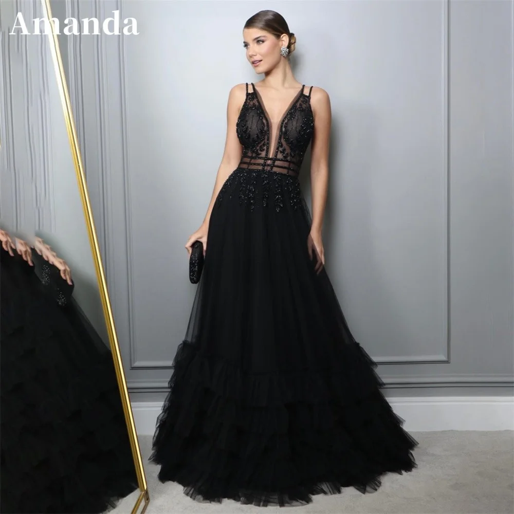 

Amanda Elegantly Embroidery 2023 فساتين سهره فاخره Tulle A-line Prom Dresses Sexy Sling Backless Deep V Neck Vestidos De Noche