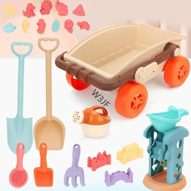 W3JF Seaside Sand Mold Summer Toy Little Kid Outdoor Travel Sand Castle Toy with Cart 5
