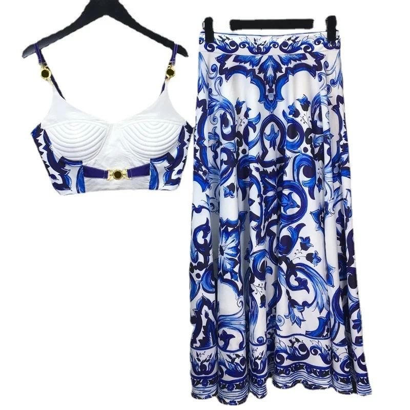 

Summer Bohemain Blue And White Porcelain 2 Pieces Set Women Spaghetti Strap Gold Button Tank Camis Tops + Print Long Skirt Suit