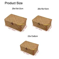 Handmade storage basket with lid, rectangular seaweed, rattan fabric, cosmetics, multi-purpose container, natural box 1