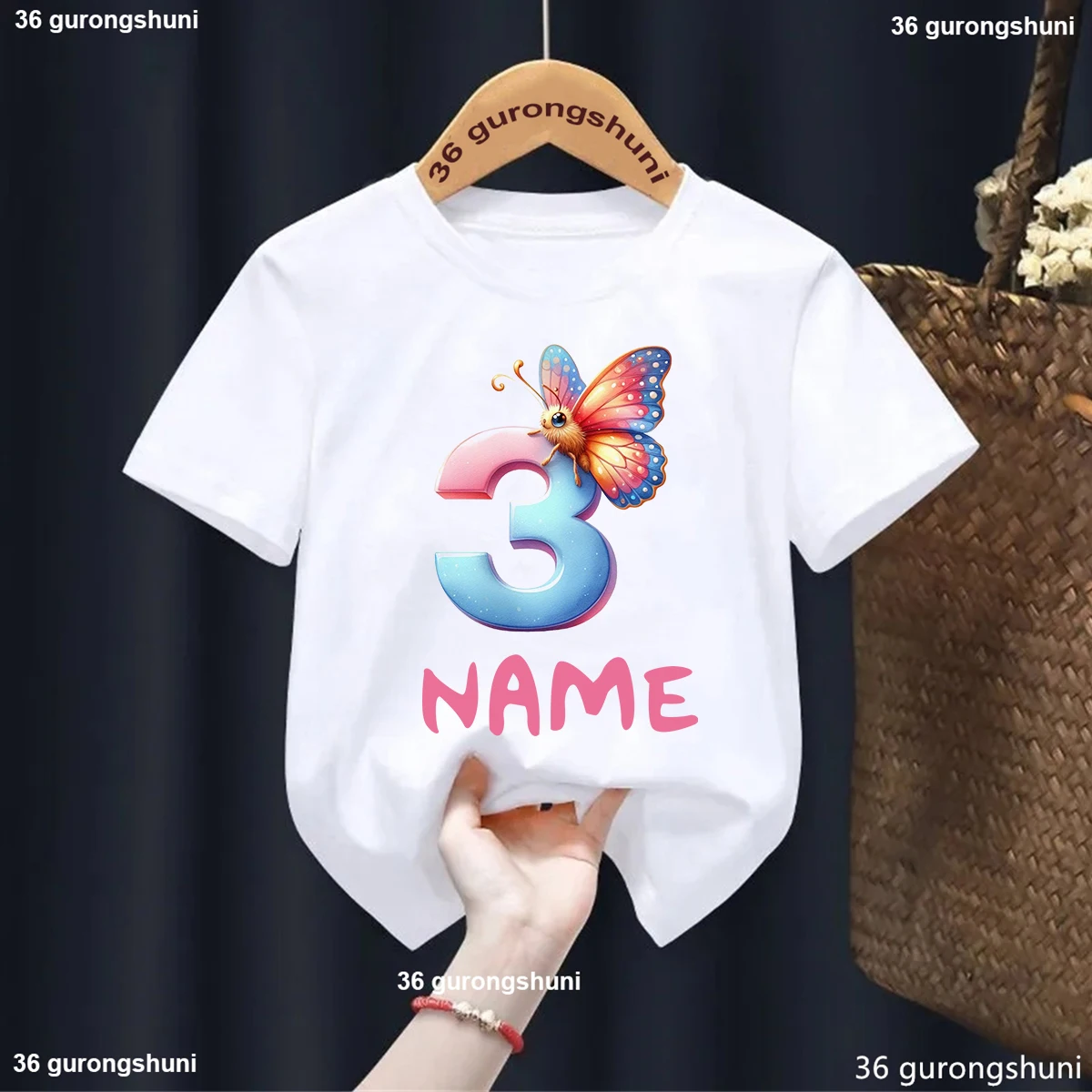 Watercolor Butterfly Number 1-9 Year Girl Tshirt Personalized Name For Children'S Birthday Party Costume Tshirt Cute Kids Tshirt 4
